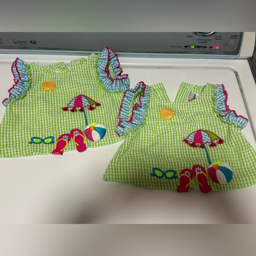 TWIN BUNDLE / Rare Editions Green Seersucker Beach Appliqué Matching Set